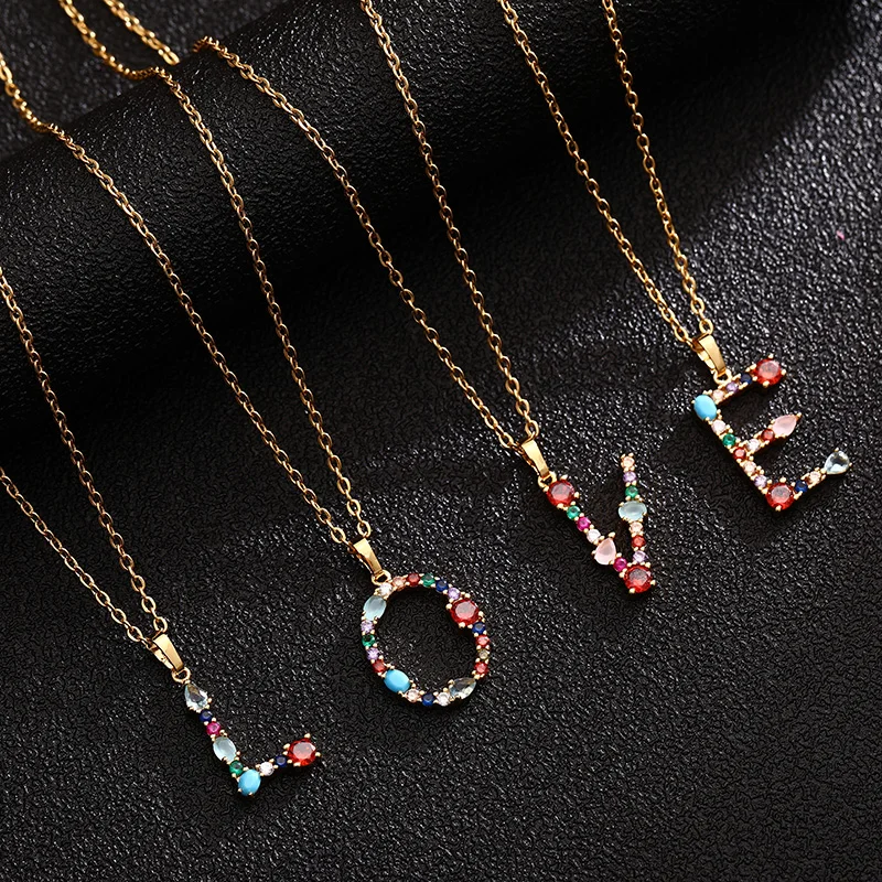 

Fashion A-Z Initial Multicolor CZ Necklace Charm Gold Color Letter Necklace Name Jewelry For Women Gift