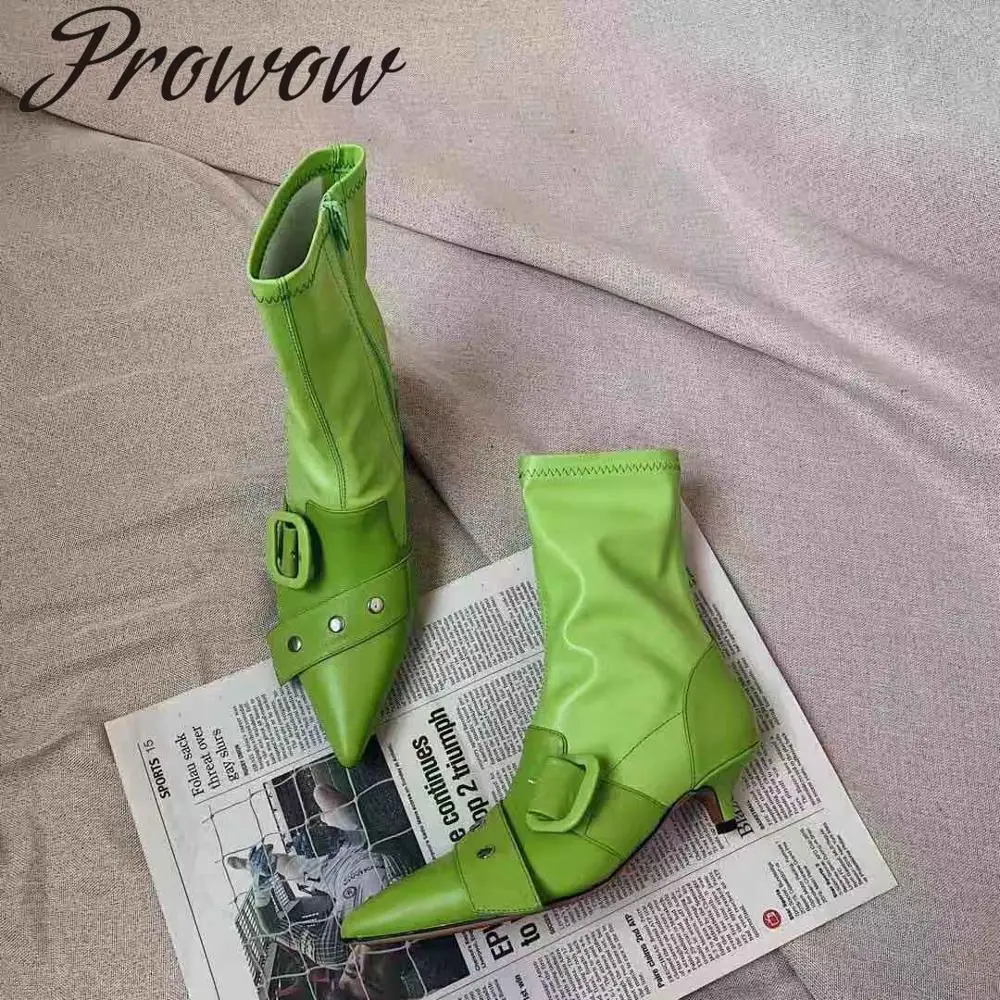 

Prowow New Black Green Genuine Leather Metal Studded Runway Cool Boots Sexy Pointed Toe Kitten Heel Ankle Boots Shoes Women