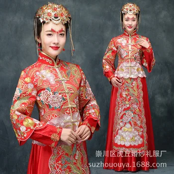 

Vintage Xiuhe Bride Chinese Wedding Dress Summer Phoenix Cheongsam Luxury ancient Royal Red Chinese wedding Traditional Dress