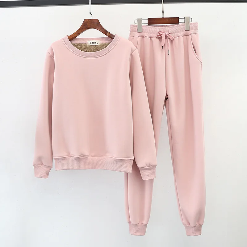 

Women's Imitation Lamb Thick Pant Sets, Long-Sleeved Sweatshirts, Monochromatic, O-Neck, Lacing Sports Trousers, Winter Fashion