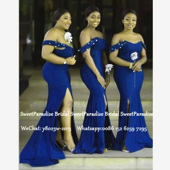 

Sexy Split Mermaid Bridesmaid Dresses 2020 Royal Blue Beads Off Shoulder Robe Demoiselle D'honneur Long Wedding Guest Dress