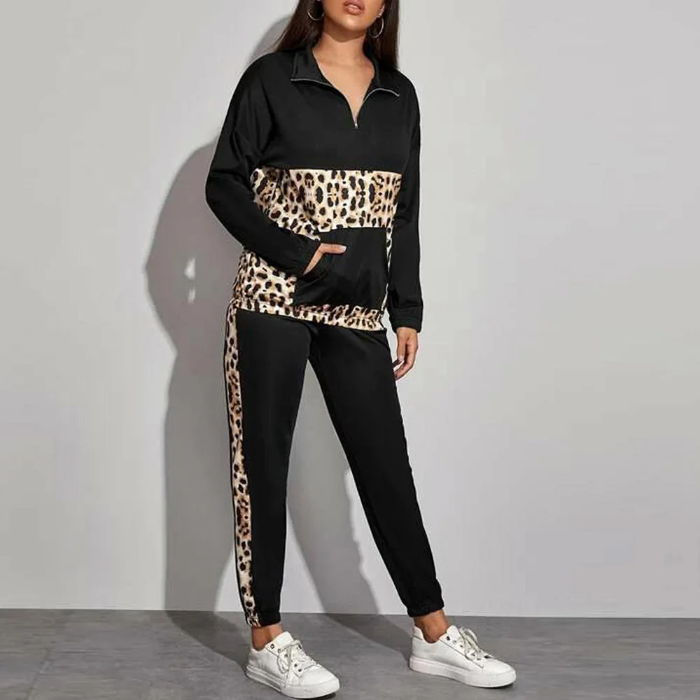 

Women Leopard print Suits Stitching Long Sleeve Loose Casual Hoodie Tops Elastic Waist Long Trousers Sets Zipper V Neck D30