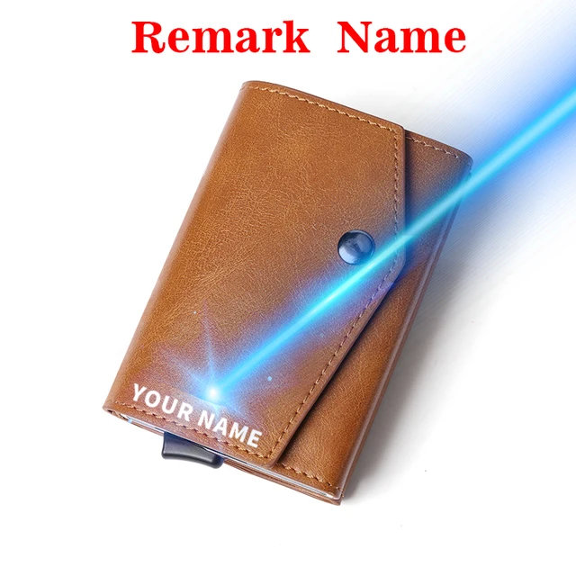 Aluminum Metal Pop up Credit Card Wallet 2021 New Fashion Men RFID NFC Protection Tri-fold PU Synthetic Vintage Smart  Wallet Coffee(Name Service)