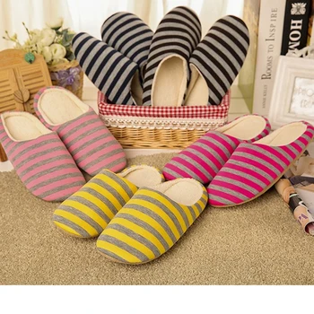 

Women Striped Indoor Slippers Non-Slip Warm Autumn Winter Cotton Floor Slippers Unisex Home Chaussures Shoes