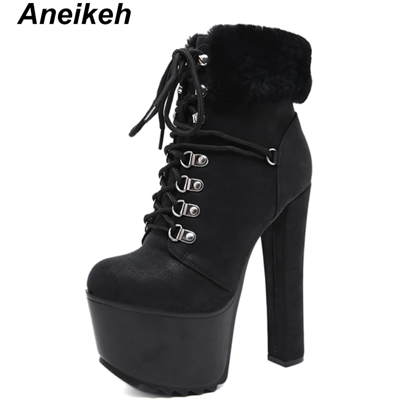 Aneikeh/ г. Весенние пикантные женские ботильоны на высокой платформе мотоциклетные ботинки из флока в стиле панк обувь для ночного клуба Женская обувь на тонком каблуке - Цвет: Black
