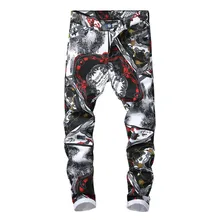 Мужские Модные Узкие прямые джинсы с 3D рисунком, модные белые, черные, цветные Стрейчевые джинсовые штаны, обтягивающие джинсы
