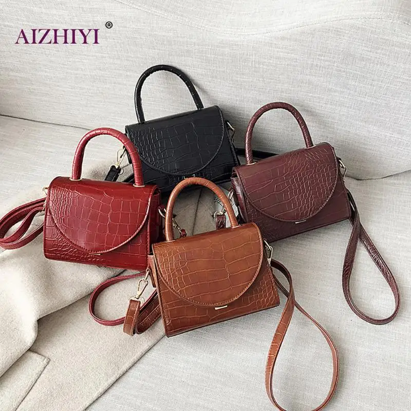 

Lady Elegant Retro Crocodile PU Leather Crossbody Top-handle Bag Women Casual Solid Color Wide Shoulder Messenger Handbag