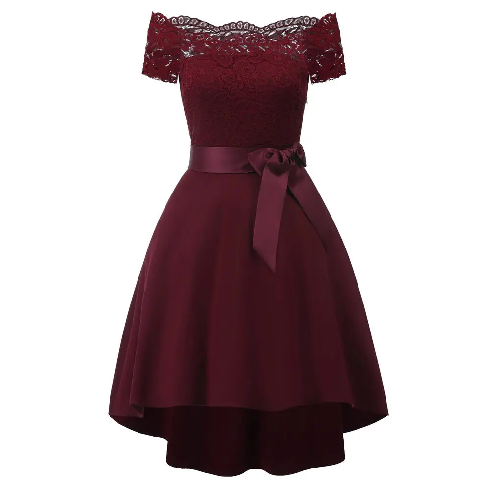 

2019 Autumn Women High-end Short-sleeved Lace Single Shoulder Slim Fit Stitching Irregular Elegant Female Dress