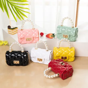 

Women Mini Handbag New Elegant Shoulder Messenger Portable Chain Bag Girl PVC Jelly Bag Pearl Crossbody Rhombus Small Square Bag