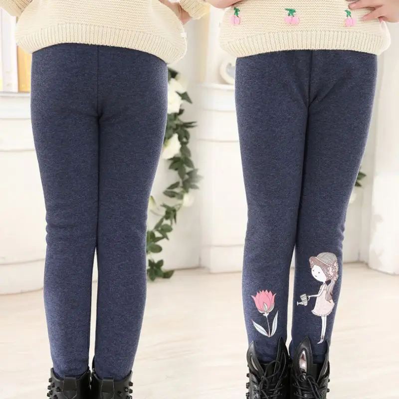 Children Girls Casual Plus Velvet Thick Warm Skinny Pants Cartoon Print Stretchy Elastic Pants Warm Leggings
