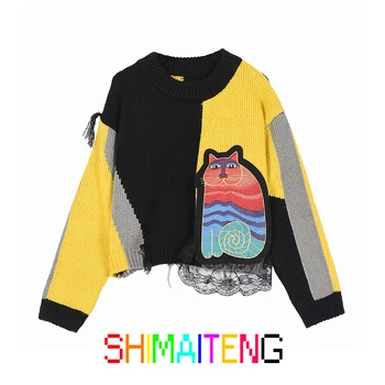 

Cat Elf Appliques Colorblock Patchwork Cardigan Sweaters Women 2020 Winter Knitted Lace Contrast Cute Ladies Girl Cartoon Tops