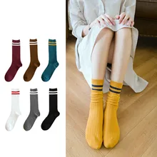 Уличная мода длинные хлопковые носки женские с полосками в японском стиле Простые до икры милые зимние осенние носки 184