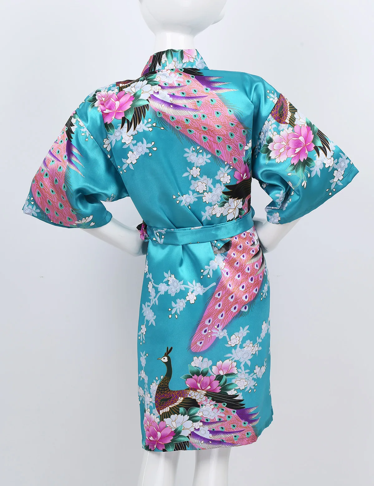 Girls Satin Kimono Robe Kids Sleepwear Peacock Flower Printed Children Bathrobe Nightgown Robe For Spa Party Wedding Birthday
