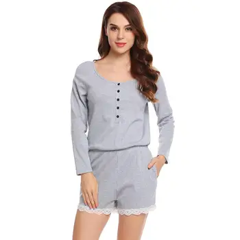 

Women Playsuit Long Sleeve Lace Trim Casual Button Rompers with Pocket