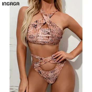 

INGAGA High Waist Bikinis Push Up Swimsuits 2020 Swimwear Women Cross Bandage Bikini Set Cut Out Biquini Snake Bathing Suits New