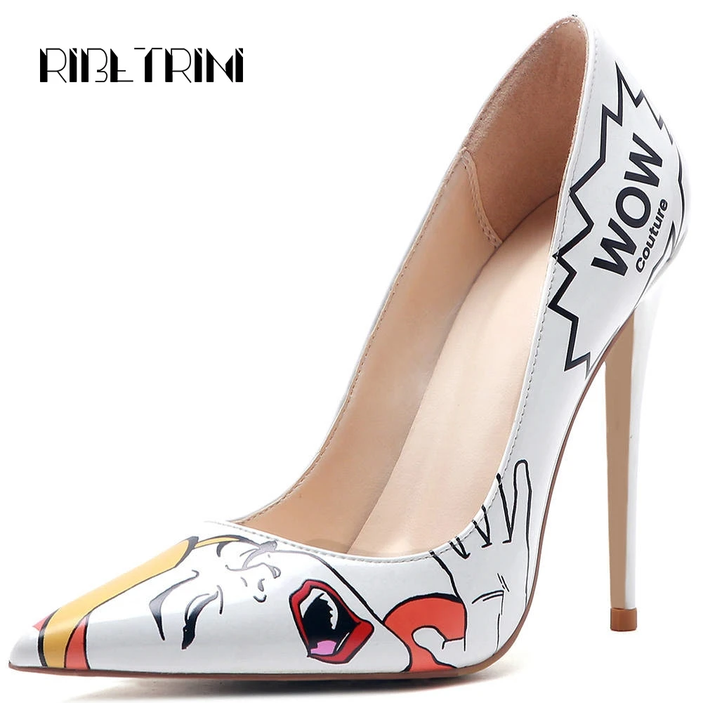 

RIBETRINI Women Interest Graffiti Print Party Wedding Shoes Woman Sexy Thin High Heel Pointed Toe Pumps Big Size 34-45