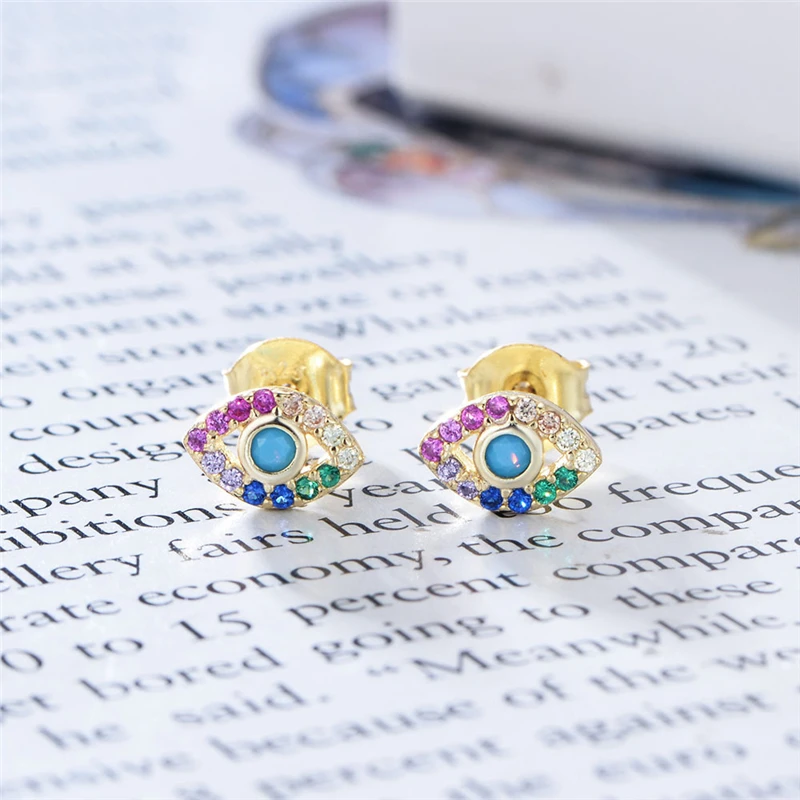 Valentine Day 925 Sterling Silver Earrings rainbow CZ Devil's Eye Stud Earrings For Women Silver Jewelry Brincos gift A30 - Окраска металла: 4