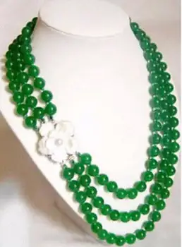 

Beautiful Exquisite Genuine 3 row nobler 6mm green jade necklace shell flower clasp
