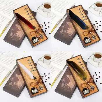 

1set Simple Gift Box Feather Pen 5 Pen Tip Ink Bottle Supplies Creative Office Stationery Pen Set Stationery Retro Feather T5A3