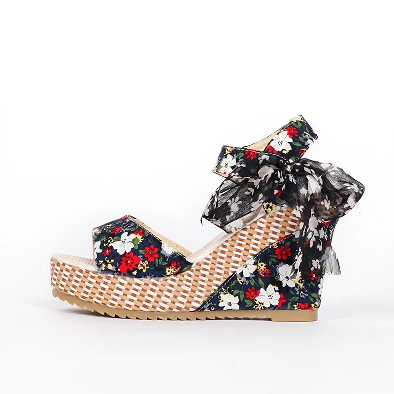 Women Wedge Sandals Open Toe Floral Bowknot