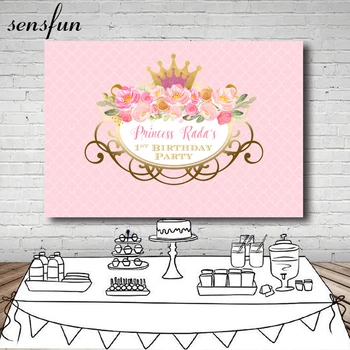 

Sensfun Pink Flowers Baby Shower Backdrop For Photo Studio Gold Crown Frame Girls 1st Birthday Party Photography Backgrounds
