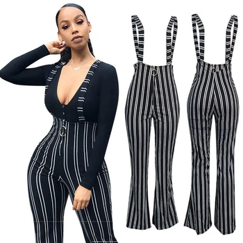 

1PC Women Clubwear Trouser Playsuit Bodycon Party Jumpsuit Suspender Flared Pants Overalls Formal Clothing Stripe Front Zip