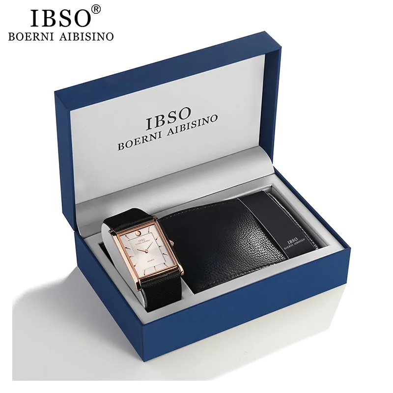 

IBSO Brand Men's Quartz Wallet Watch Set 7MM Ultra-thin Rectangle Dial Quartz Wristwatch Genuine Leather Strap Watch Gift Set