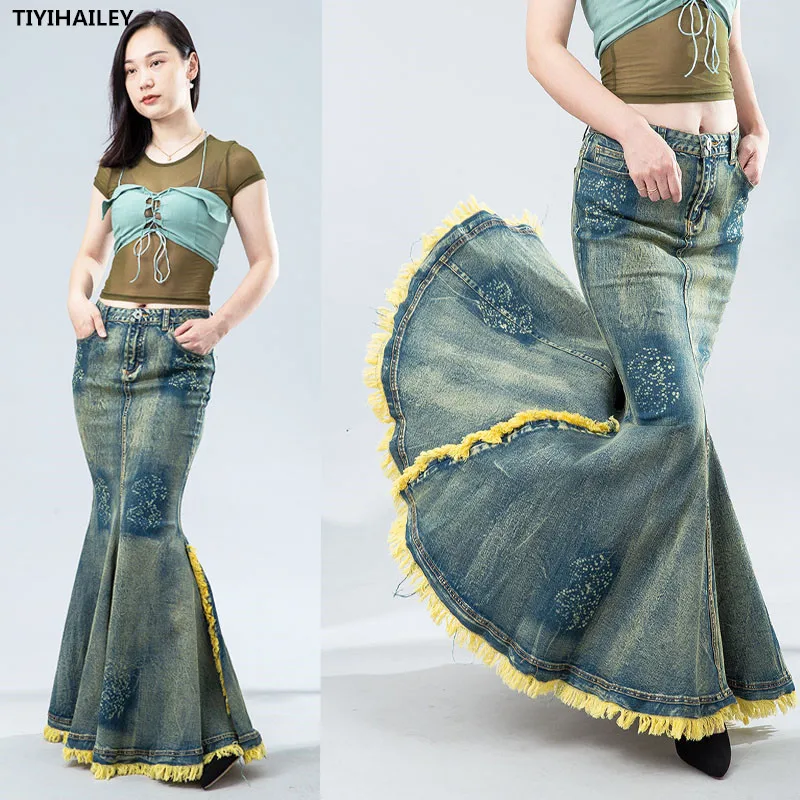 TIYIHAILEY Free Shipping 2022 Fashion Long Maxi Denim Skirt For Women Mermaid Style Fish Tail High Waist Tassels S-XL Stretch бойлы fish ka конопля 18 мм 100 г