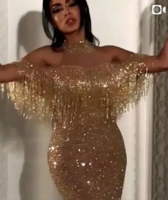 

Linglewei 2019 Fall new Sequin fringe off shoulder long dress