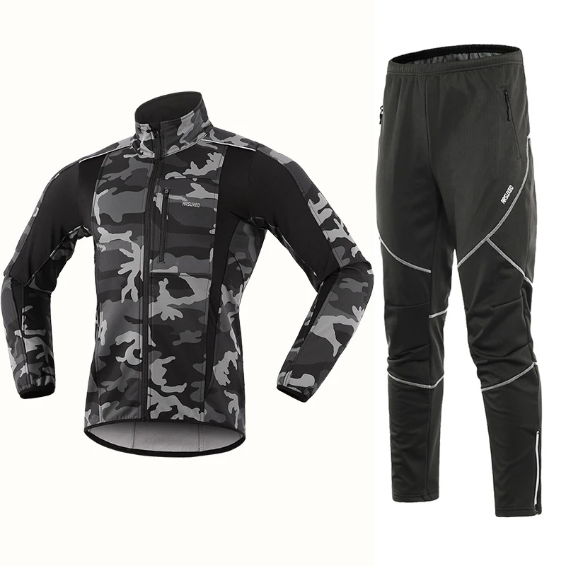 ARSUXEO, Мужская зимняя велосипедная куртка, комплект, ветрозащитная, водонепроницаемая, термальная спортивная одежда, велосипедные штаны, брюки, велосипедные костюмы, одежда 15kk - Цвет: Camouflage15kgray18y
