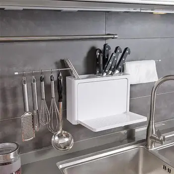 

Multifunction Kitchen Storage Holder Punch Free Wall-mounted Kitchen Shelf Chopsticks Knife Towel Rack Holding Tray (White)