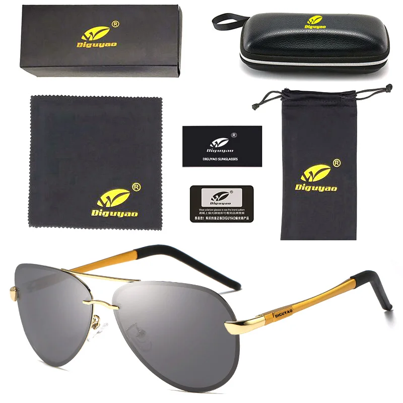 DIGUYAO, модные, без оправы, пилот, мужские, HD, поляризационные солнцезащитные очки, алюминиевые, солнцезащитные очки, синие, для вождения, UV400, oculo de sol masculino - Цвет линз: Gold---Gray