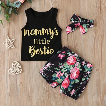 

New Summer Fashion Baby Boys Girls Clothes O-Neck Floral Letter Printed Cotton Sleeveless Vest Shirt+shorts+scarf 3 piece sets