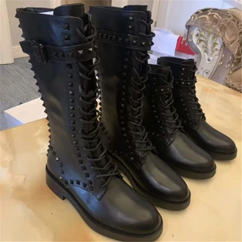 

Women Lace-up zip ankle boots Martin boots Knight boots Rivet boots fashion Genuine Leather shoes Keep warm in autumn and winter
