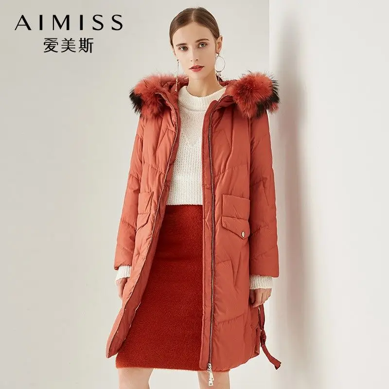AIMISS Фирменная Новинка для женщин натуральный пуховик Толстая куртка перо мех с капюшоном модные длинные рукава красный цвет повседневное длинное пальто Темный пух