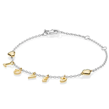 

New 925 Sterling Silver Bracelet Shine Loved Scrip With Golden Hearts Chain Link Bracelet For Women Gift Fine Diy Jewelry