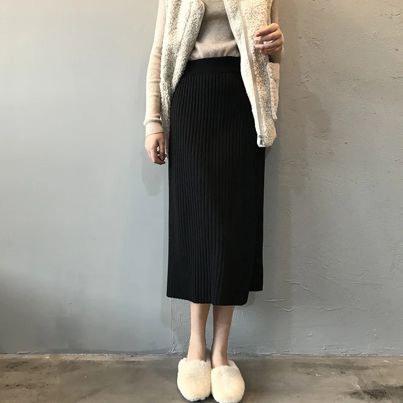 HXJJP Autumn Winter Knitted Skirt Women's New Mid Length High Waist Thin Solid Color Buttock Skirt