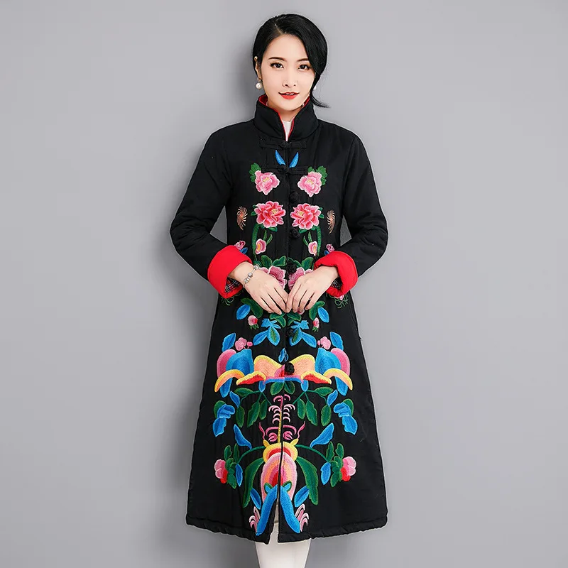 

8177 Winter New Style Cotton Linen Embroidered Large Size Ethnic-Style Mid-length Cotton-padded Clothes Retro Frog Women Jacket
