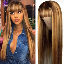 

Highlight 100% Human Hair Long Straight Bang Wig With Bangs Blonde Highlight Non Lace Wig Brazilian Hair BOB Wigs For 200 Densit