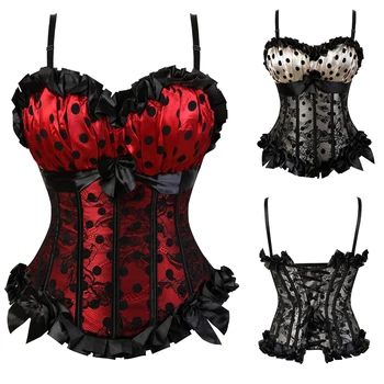 

Grebrafan Steampunk Polka Dots Corsets Top with Strap Padded Cup Plus Size Bustier Carnival Costumes for Women Party Club Night