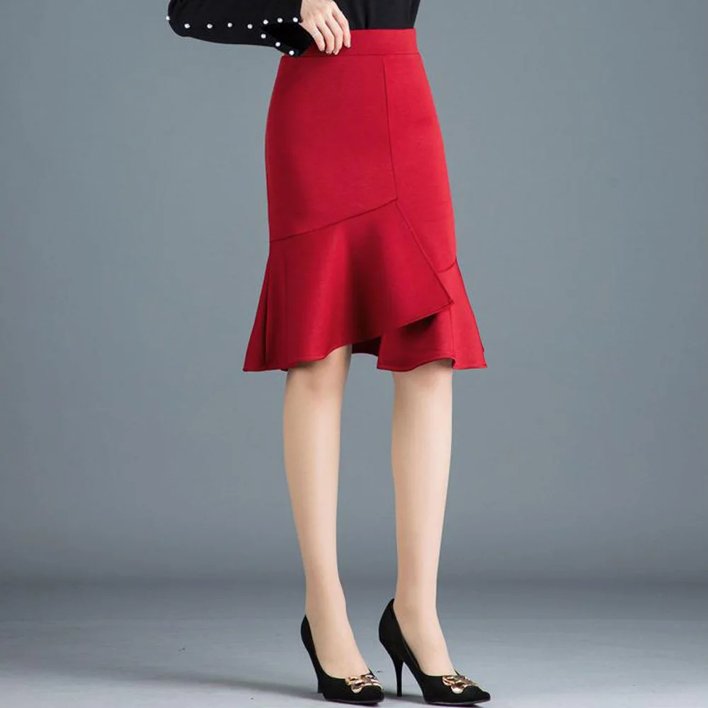Red Skirt Для женщин Bodycon юбка в виде хвоста русалки Высокая Талия Тонкий оборками посылка бедра плотно рыбий хвост женские юбки в стиле casual, черная юбка Faldas - Цвет: Red Skirt
