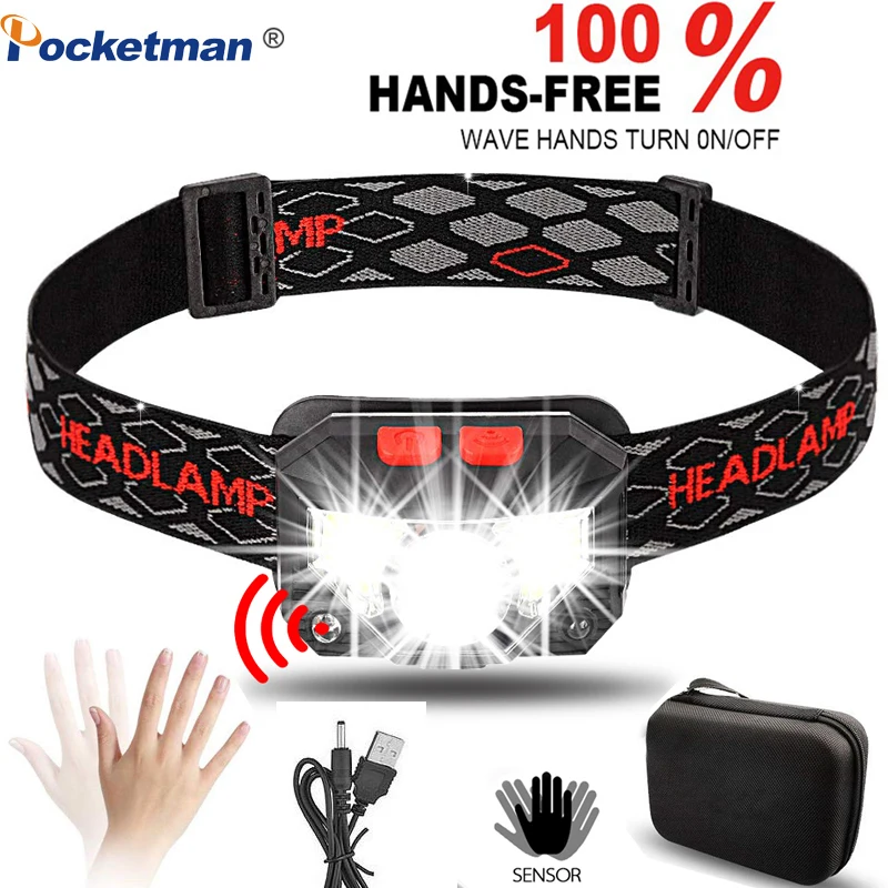 

4000Lms LED Headlamp Rechargeable Motion Sensor Head Lamp Built-in BatteryWith USB Hands Free Headlight for Fishing Inspection
