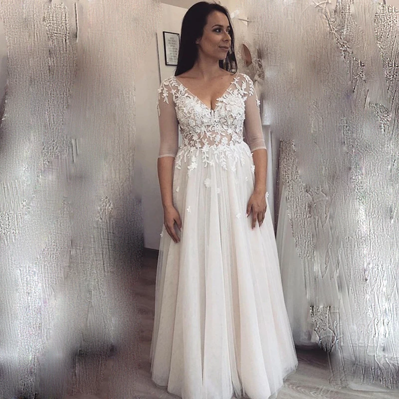 

Simple Half Sleeves Wedding Dresses Appliques V-Neck A Line Dress Floor Length Bridal Gowns Formal Plus Size Robe De Mariée