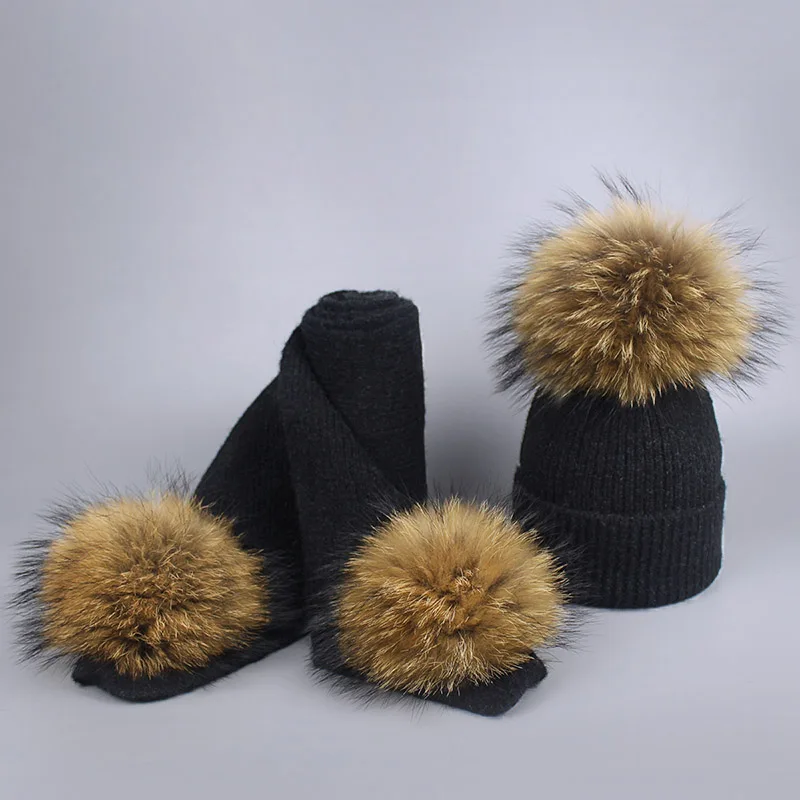 New Real Fur Pom Poms Winter Wool Hat And Scarf Set For Women Children Girl Cute Hat Knitted Warm Beanies Soft Thick Scarves Set - Цвет: A
