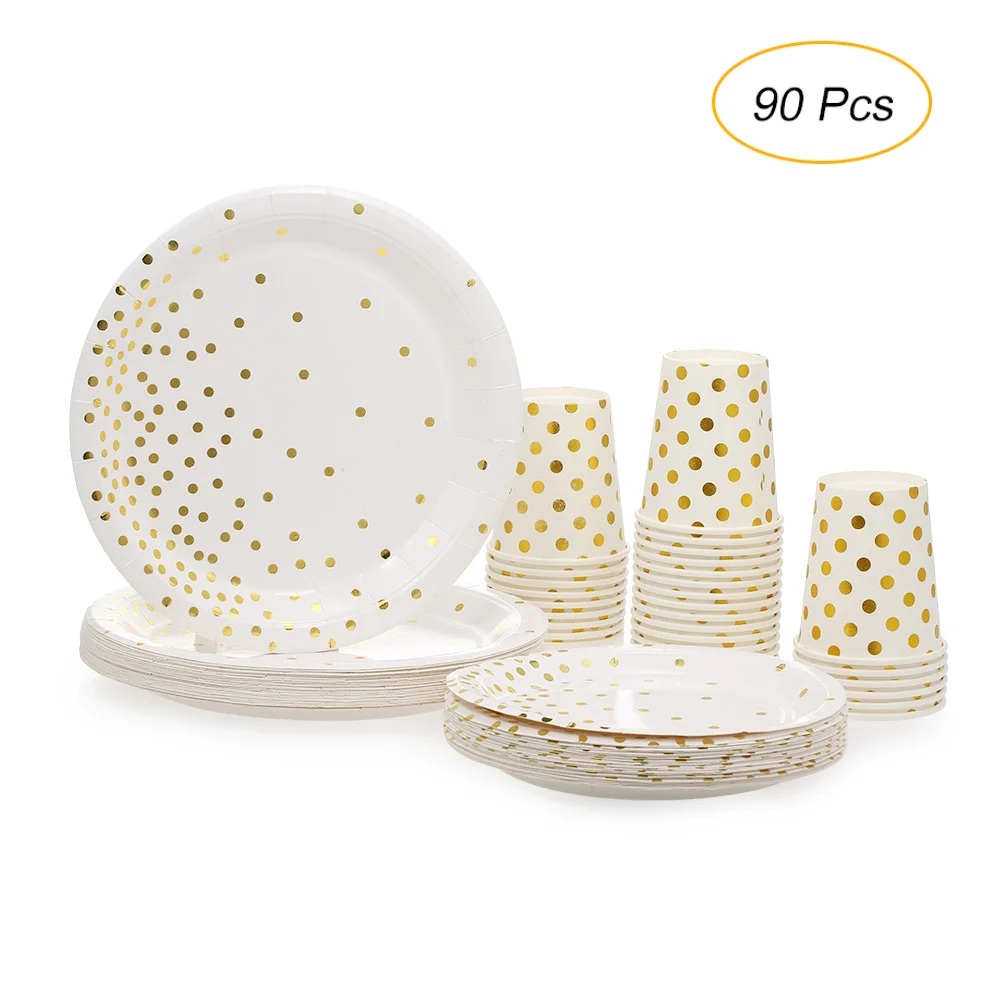 

Plates Set of 90pcs Disposable Drinkware Dishware with Golden Polka Dot Round Plates Beverage Cups Dinner Dessert Plates