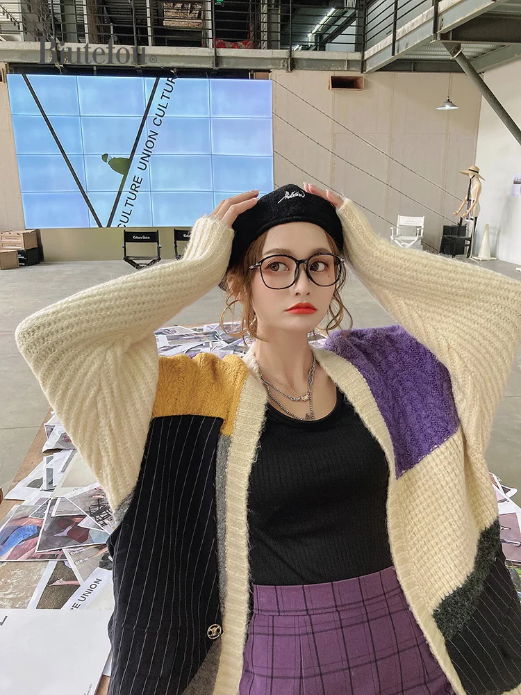 

2020 Autumn Women Long Loose Multicolor Patch Designs Knitted Jackets