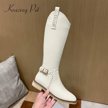

Krazing Pot superstar natural leather buckle metal decorations round toe thick med heel zipper korean girls knee-high boots L60