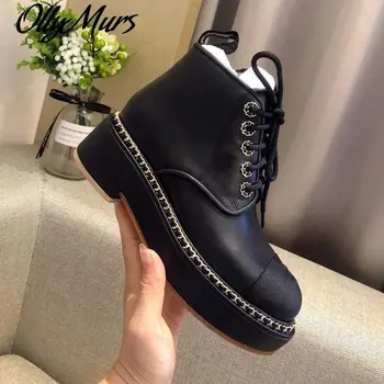 

Ollymurs winter new chain letter Ankle boots leather stitching color designer lace casual women boots Zapatos Mujer