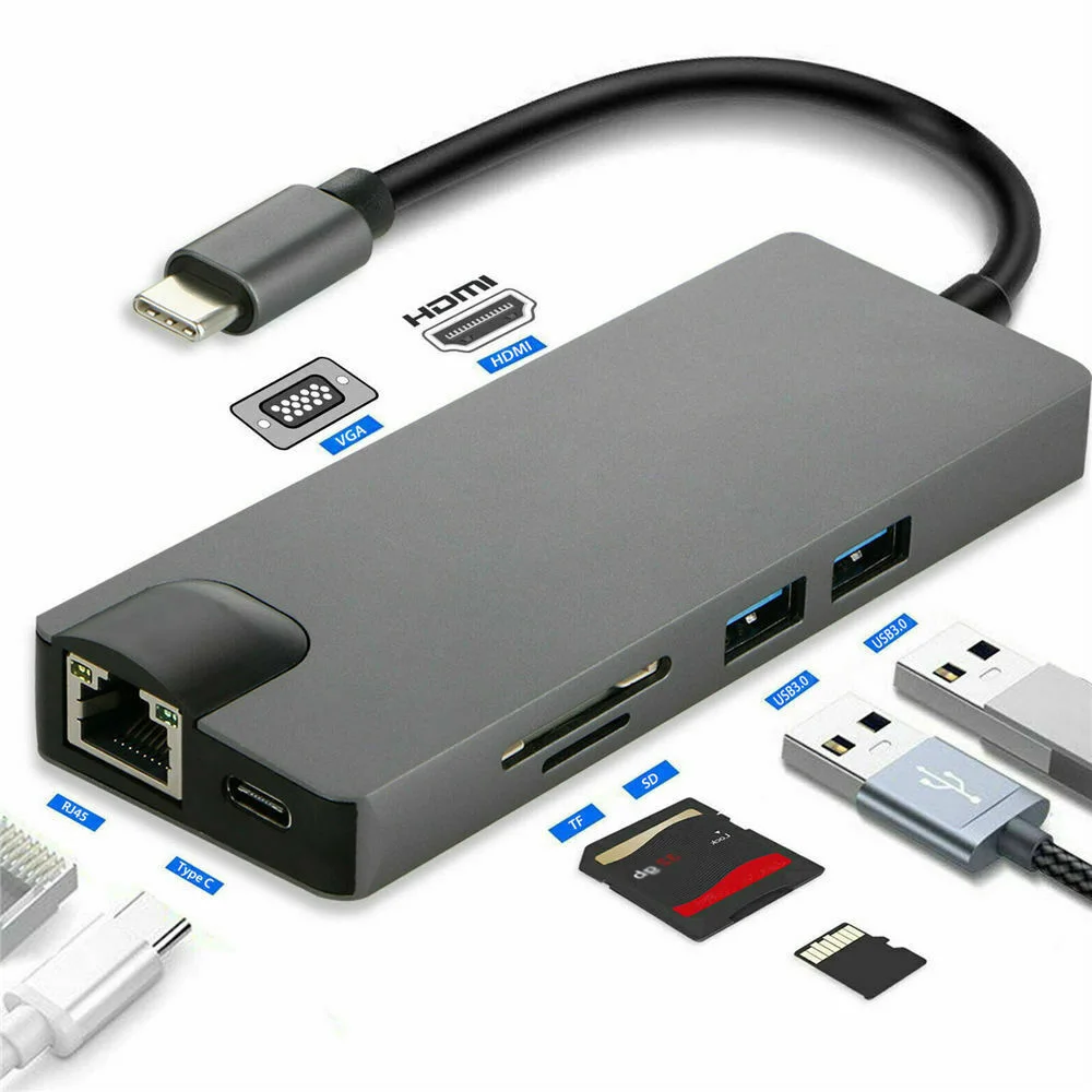 USB C концентратор USB3.0 HDMI VGA RJ45 Gigabit Ethernet SD/TF порт конвертер 8 в 1 и высококачественный