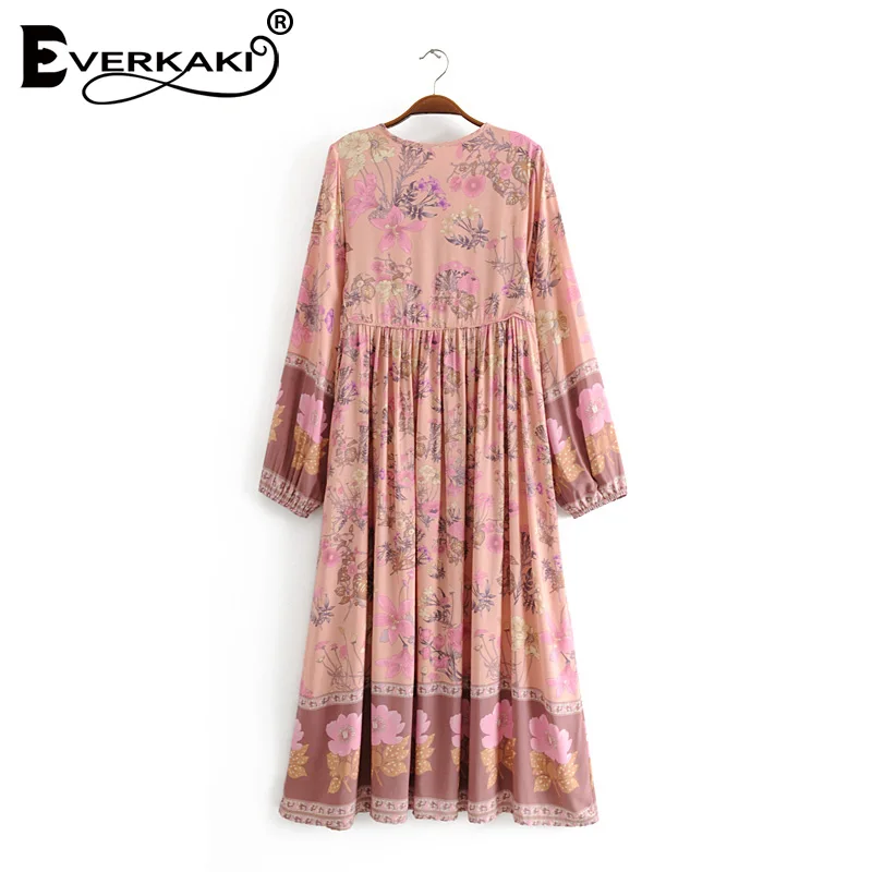 Everkaki Boho Цветочный принт женские макси платья свободные кисточки шеи завязываются с длинным рукавом в богемном стиле длинное платье женское осень новое